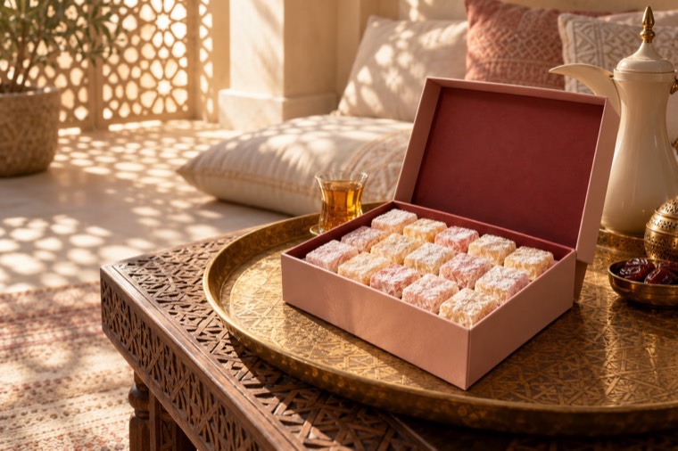 Concept: open gift box on a brass tray in a sunlit majlis