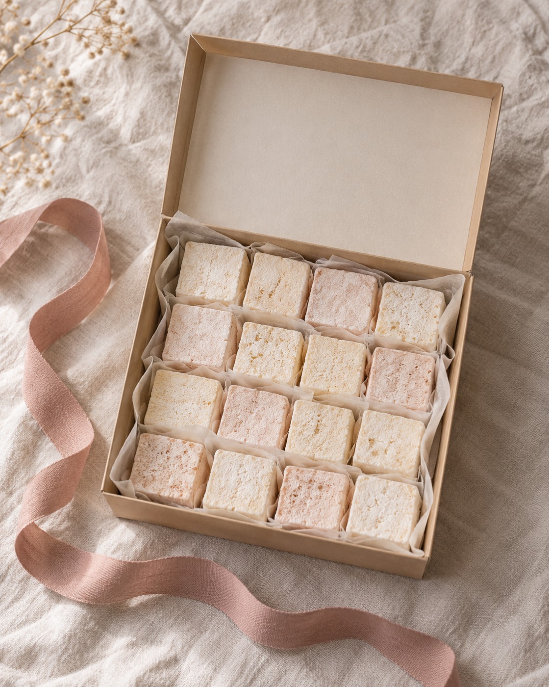 Open bone-coloured box of honey marshmallow cubes on linen with a rose ribbon