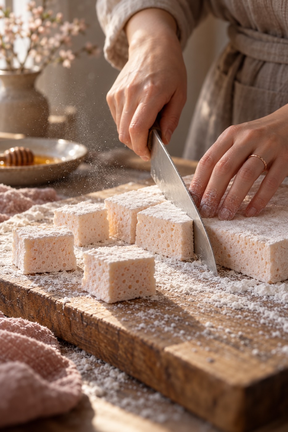 Hands cutting a slab of honey marshmallow into cubes
