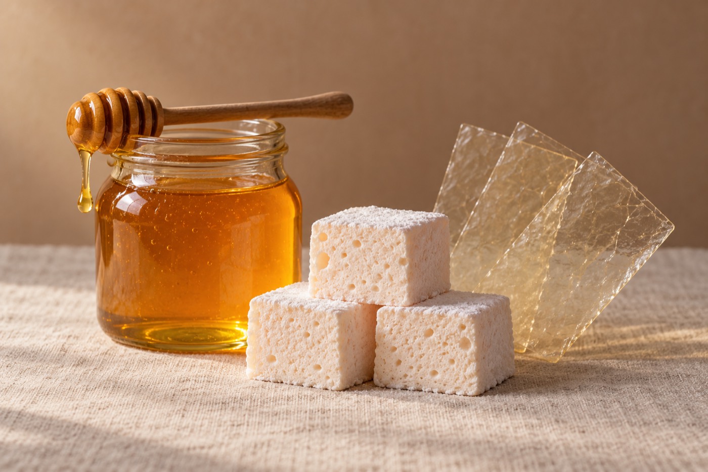 A jar of raw honey, leaf gelatin and three marshmallow cubes on linen