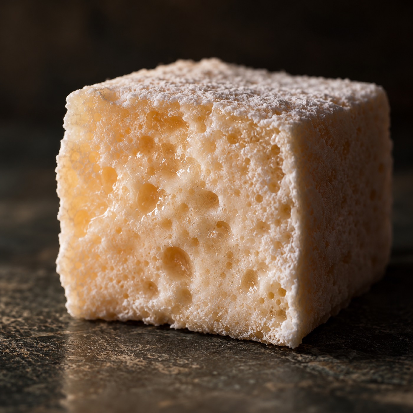Macro of a single honey marshmallow cube on dark stone
