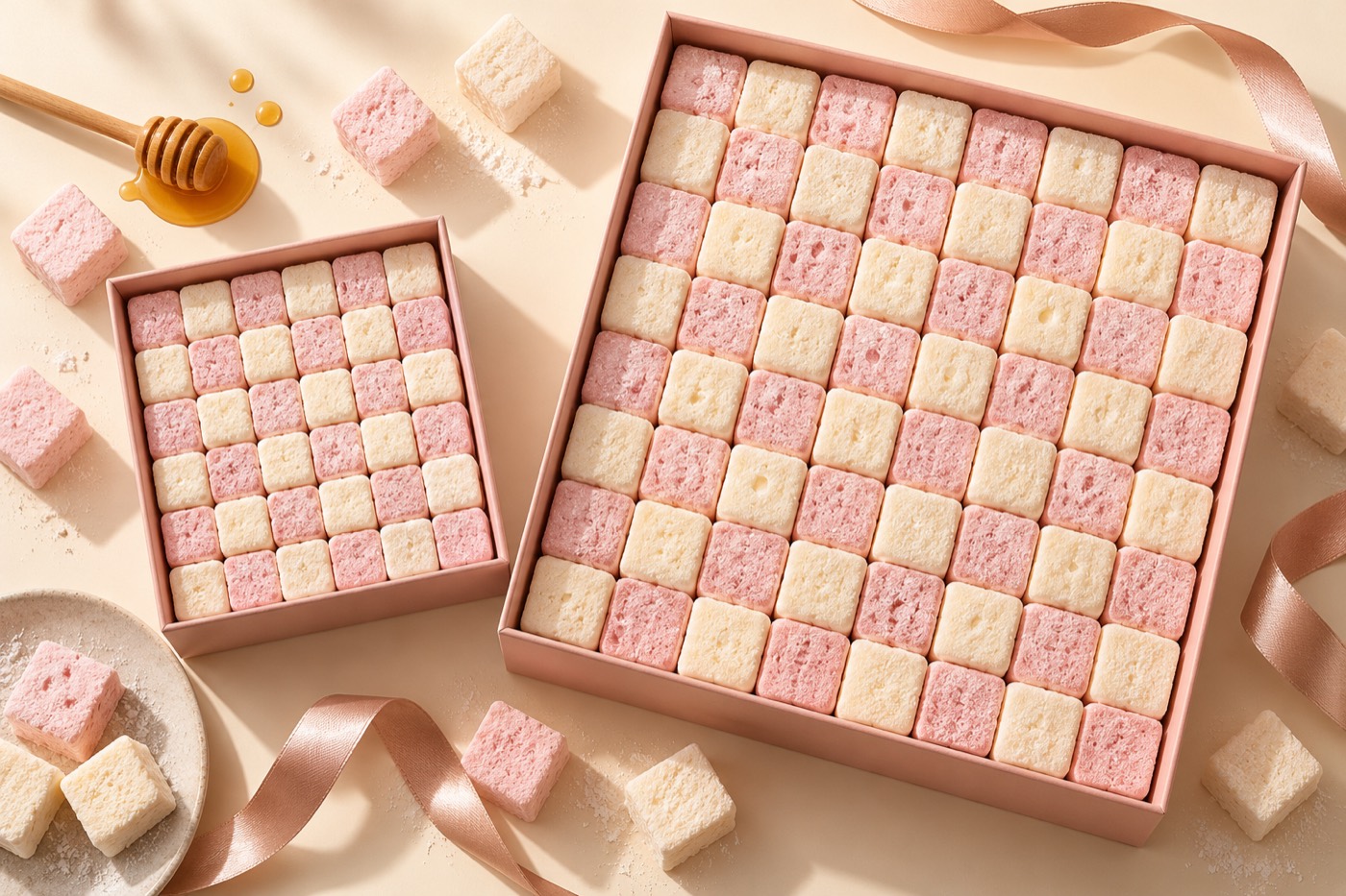 Small and big boxes of marshmallows on cream (concept image)