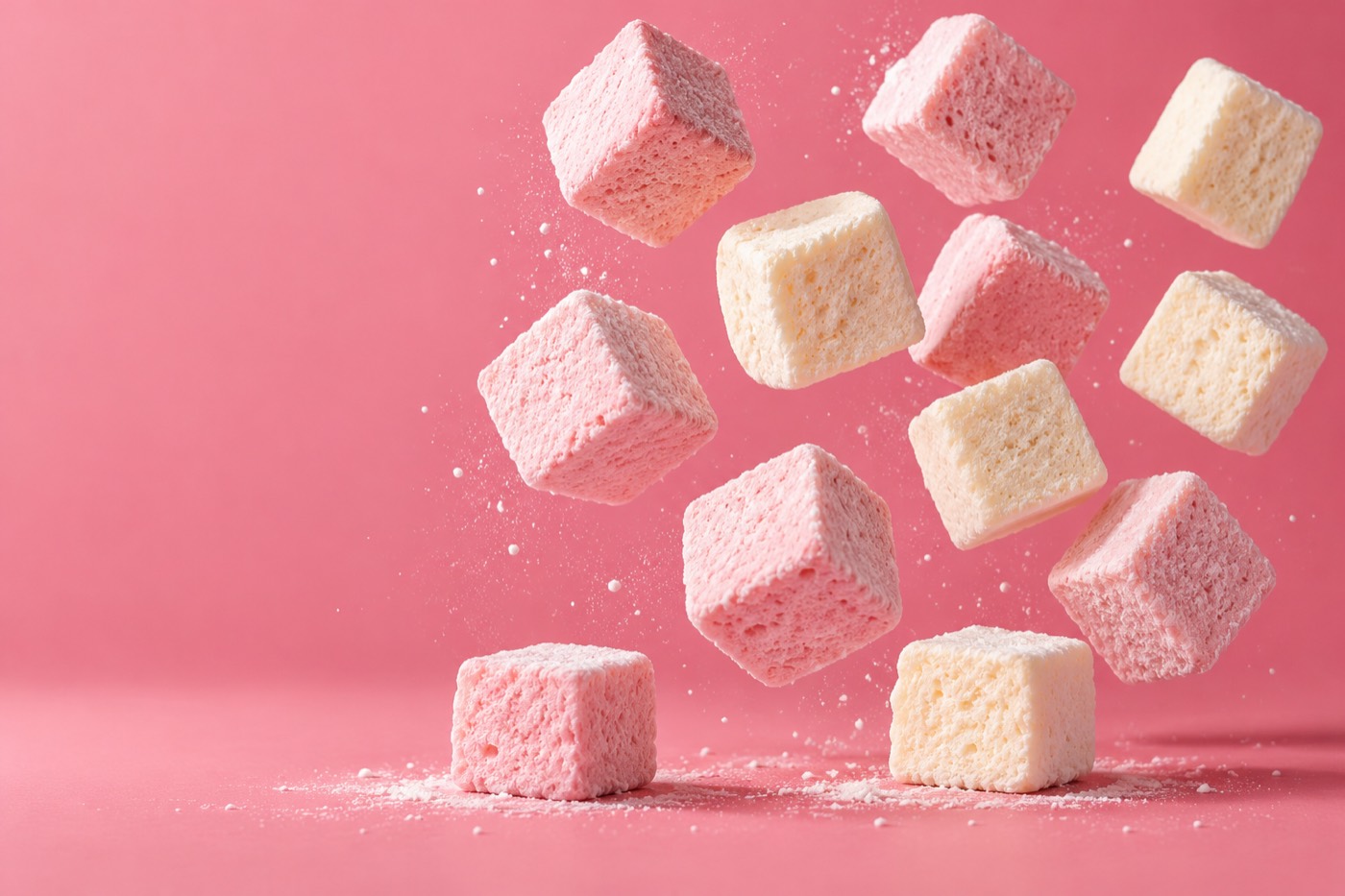 Pink and cream honey marshmallow cubes tumbling against a rose-pink backdrop (concept image)