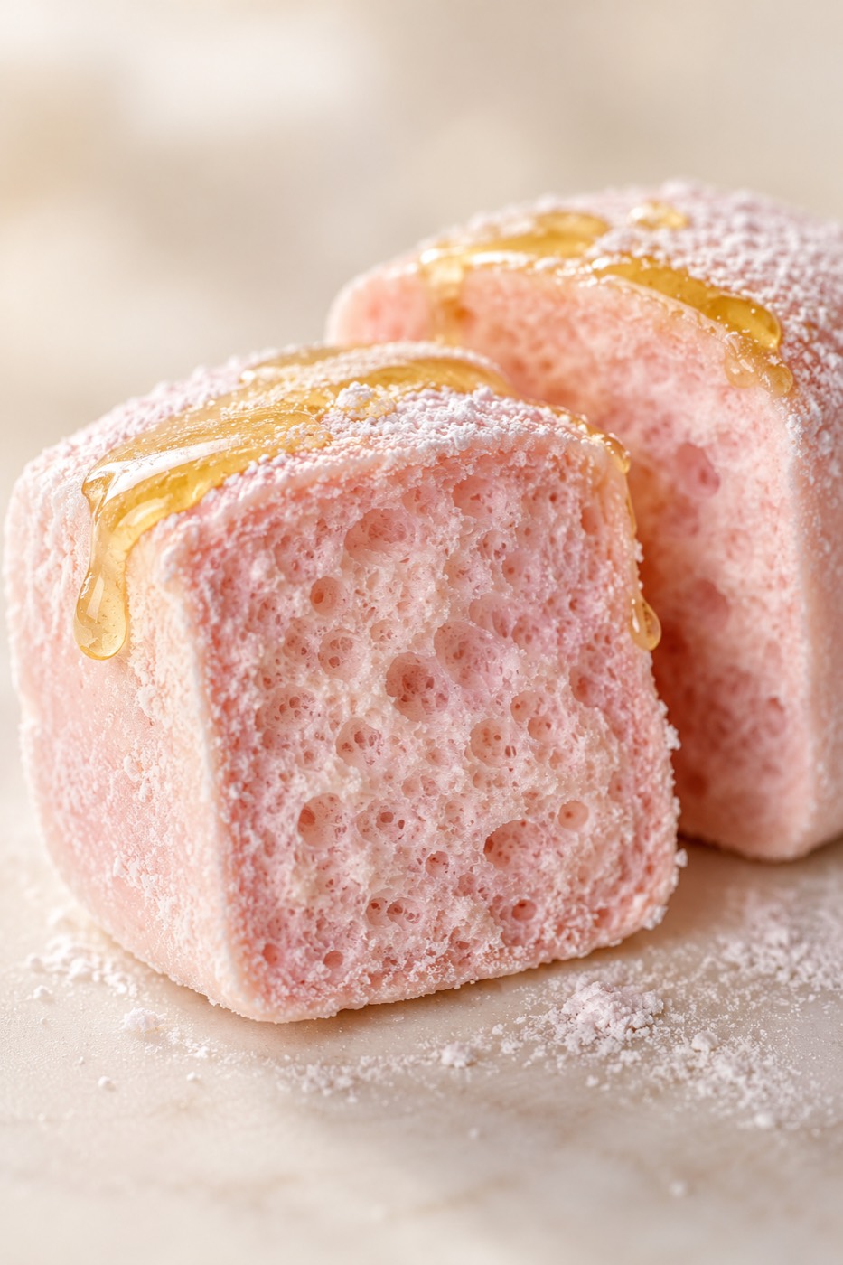 Macro of a halved pink marshmallow cube showing its airy interior (concept image)