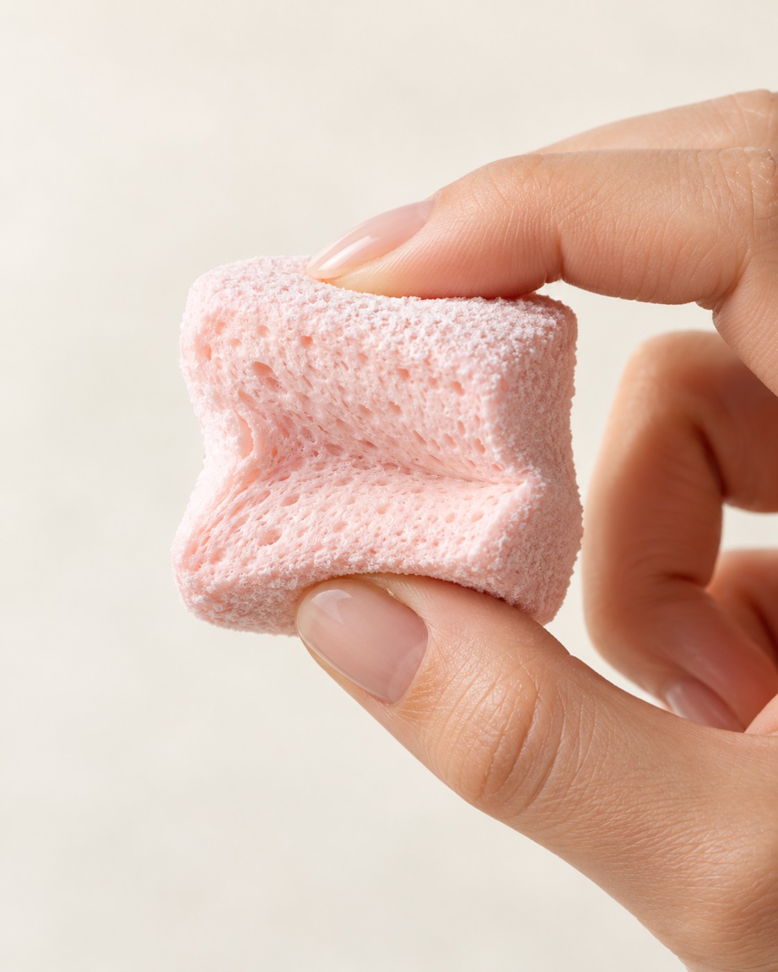 A hand gently squishing a pink marshmallow cube (concept image)