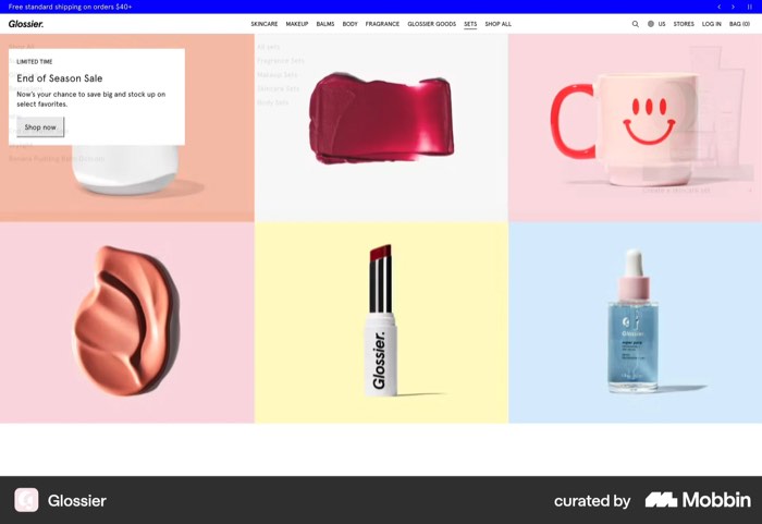 Glossier colour-block product grid