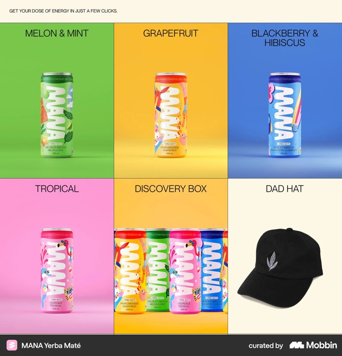 MANA product tiles on bold colour fields