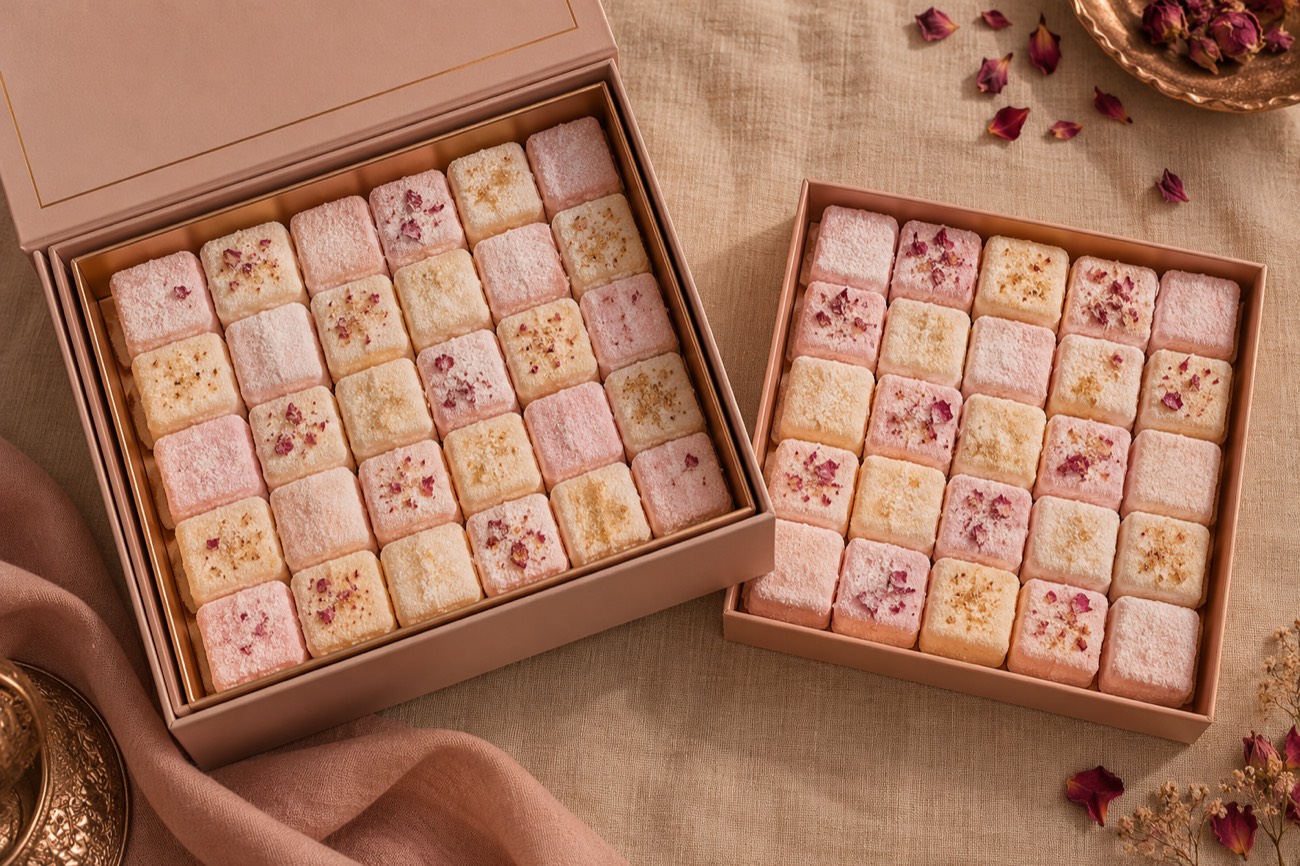 Concept image: a two-tier gift box of marshmallow cubes, top tray lifted beside it