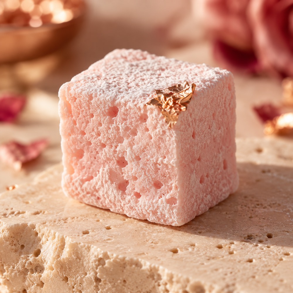 Concept image: a single blush honey marshmallow cube with a flake of rose-gold leaf
