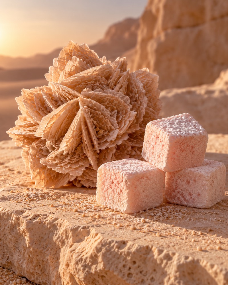 Concept image: a desert rose crystal beside three marshmallow cubes on sandstone at sunset