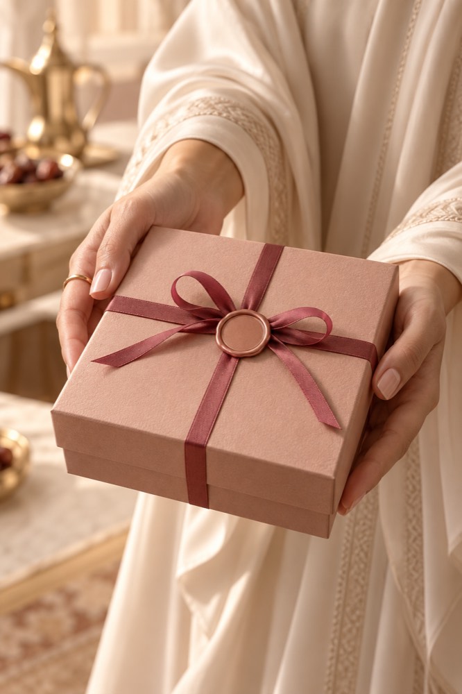 Concept image: hands offering a rose-sand box tied with deep rose ribbon and a rose-gold wax seal