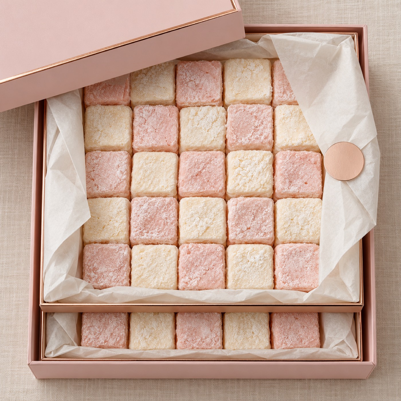 Concept: overhead view of a double-layer box, the upper tray lifted to reveal a second layer