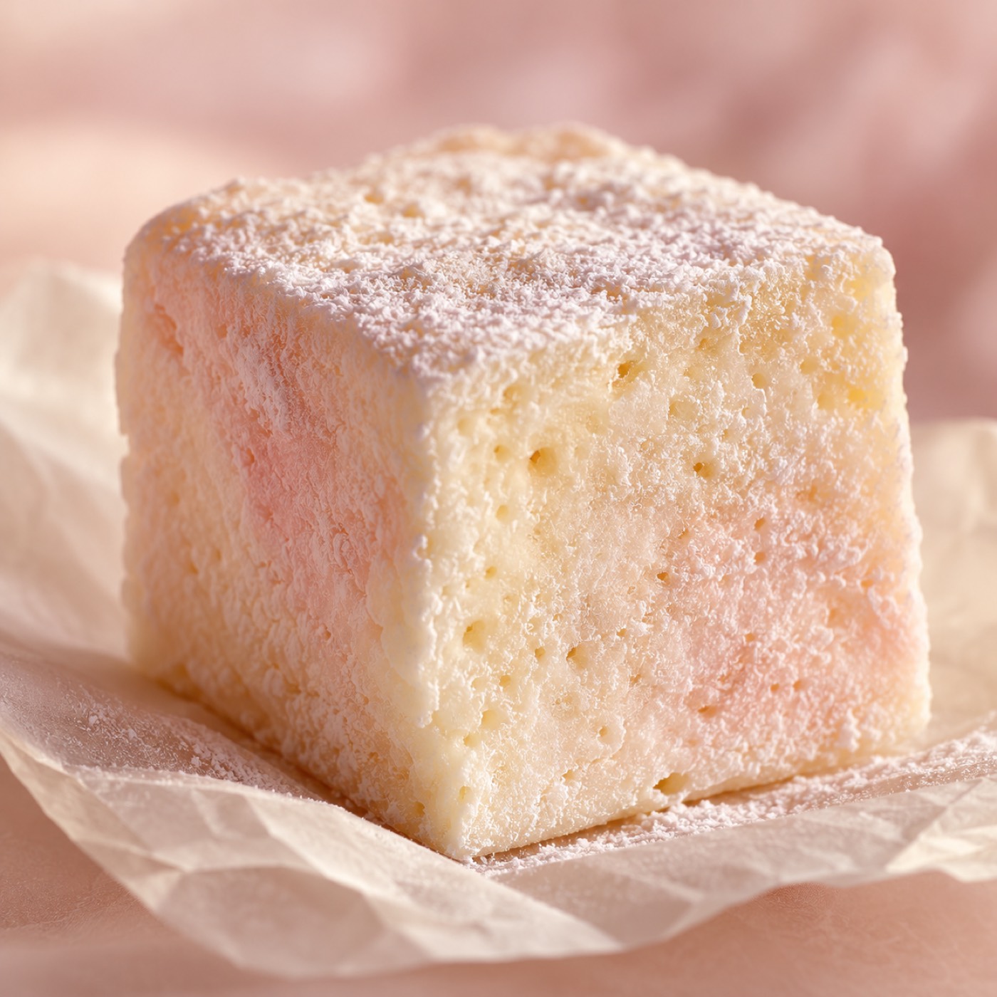 Concept: macro of a single honey marshmallow cube dusted in powder