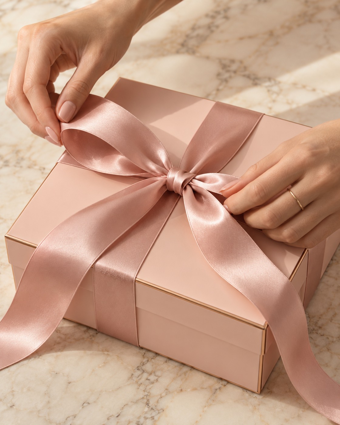 Concept: hands tying a blush silk ribbon around a rose-pink box on marble