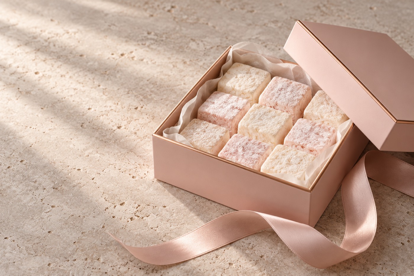 Concept: an open rose-pink box of honey marshmallow cubes in ivory tissue, a blush ribbon trailing across travertine