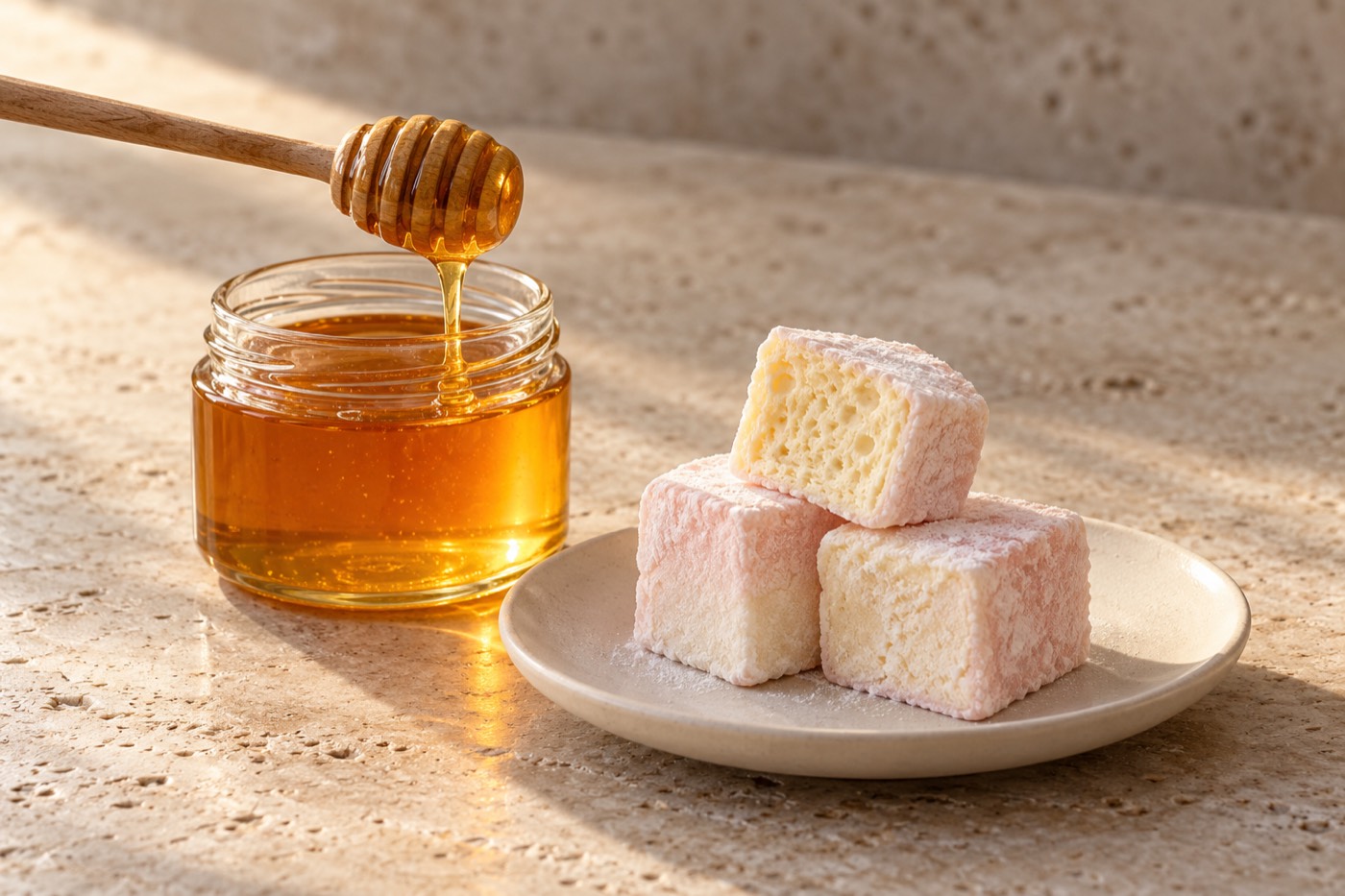 Concept: a jar of golden honey with a dipper beside a small stack of marshmallow cubes, one cut open