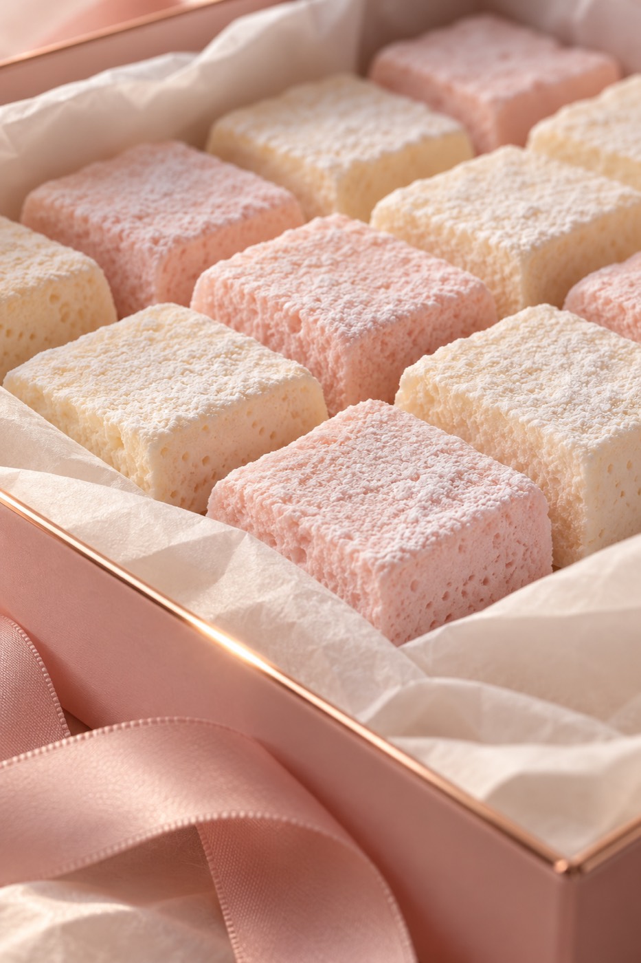 Concept: rows of dusted cubes in a box, blush ribbon in the foreground
