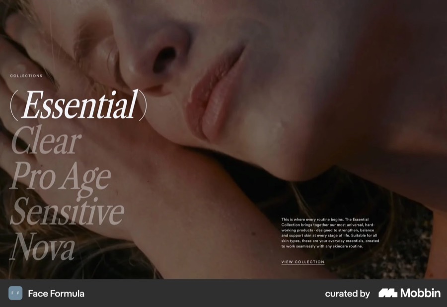 Face Formula stacked italic collection names over a dark image