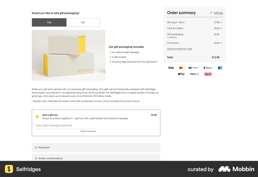 Selfridges checkout step offering gift packaging and a message